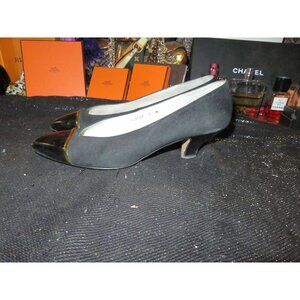 BOGO Caressa Vintage Black Suede & Patent Leather Cap Toe Kitten Heeled Pumps 8